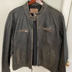 100% Leather. Brand- Guess Size Xl. Worn 3 Times. Still In Brand New Condition. Casual Leather Biker Jacket For Outdoor, Casual Leather Jacket For Outdoor, Casual Brown Outerwear For Urban Adventures, Urban Brown Leather Jacket, Urban Brown Leather Jacket For Outdoor, Casual Distressed Brown Biker Jacket, Brown Leather Urban Outerwear, Casual Brown Leather Outerwear, Casual Distressed Brown Leather Jacket For Winter