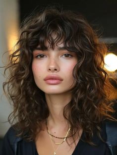 Curly Modern Shag, Curly Shag Fine Hair, Long Curls With Bangs, Curly 70s Shag, Shag Ponytail, Curly Shag Haircut With Bangs, Curly Haircut Bangs, Long Curly Shag With Bangs, Shag With Side Bangs