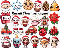 kawaia christmas clipart with cute animals, santa hats and other holiday items