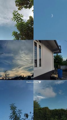 four different shots of the same house and trees with clouds in the sky above them