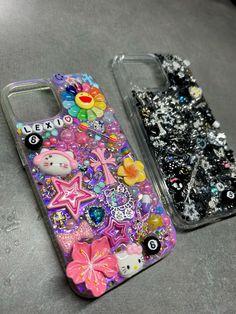 two cell phones with different designs on them, one is covered in sequins