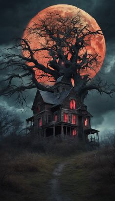 an old house with a full moon in the background and creepy trees on the ground