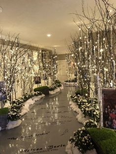 an indoor walkway decorated with christmas lights and greenery