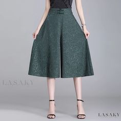 Lasaky - Elastic High-Waisted Jacquard Wide-Leg Trousers - Stylish and Casual Seven-Eighth Pants - Versatile Skirts and Trousers in Fashionable Design Versatile Skirts, Jacquard Pattern, Casual Wardrobe, Wide Leg Trousers, Dressmaking, Cropped Pants, Green Color, Casual Pants, Green Colors