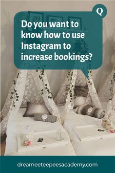 two beds with white sheets and pillows in front of a green sign that says do you want to know how to use instagram