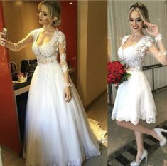 two pictures of the same woman in white dresses, one is holding a cell phone