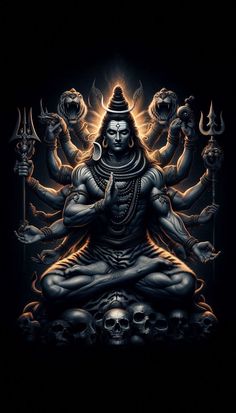 A powerful and majestic depiction of Lord Shiva, the Hindu deity of destruction and transformation, seated in deep meditation. With multiple arms holding divine weapons and symbols, his serene face contrasts with the fierce energy emanating from his form. Surrounded by a halo of skulls and adorned with the tiger skin and serpents, this image captures the duality of Shiva's nature — both calm and fearsome. The dark background highlights the divine aura, enhancing the intensity and spiritual depth of this divine visualization.  #Tags: #LordShiva #HinduDeity #DivineWarrior #Meditation #SpiritualArt #CosmicEnergy #MythologyArt #AncientGod #DestructionAndCreation Shiva Symbolism, Multiple Arms, Shiva Meditation, God Pics, Hanuman Ji Wallpapers, Aadi Shakti, Shiva Parvati, Pictures Of Shiva, Tiger Skin