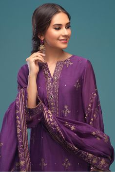 Naveen (Three Piece)– Zaaviay Purple Silk Palazzo Set For Festivals, Festival Silk Purple Palazzo Set, Purple Palazzo Set With Zari Work For Navratri, Purple Sharara For Transitional Season, Elegant Purple Anarkali Set With Gota Work, Purple Anarkali Palazzo Set With Cutdana, Purple Dola Silk Sharara With Gota Work, Purple Gota Work Dola Silk Sharara, Anarkali Purple Palazzo Set With Gota Work