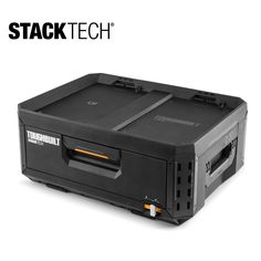 a black box with the words stack tech on it