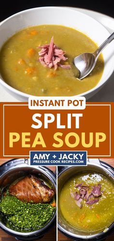 split pea soup in two bowls with the title instant pot split pea soup