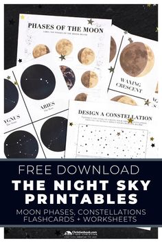 free printable moon phases worksheets for the night sky with text overlay