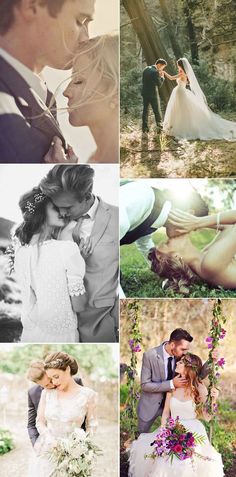 the wedding couple is posing for pictures in the woods, and then kissing each other