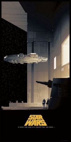 a star wars movie poster with two men standing in front of a spaceship and another man looking at it