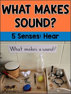 an image of what makes sound? with the words 5 sense hear and other items