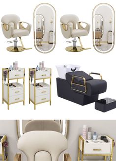 there are four different images of the same chair and table in this photo, each with its own hair dryer