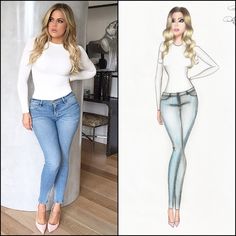 a woman standing next to a drawing of a woman in blue jeans and white top