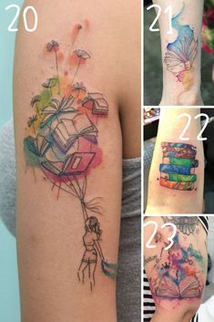 four different pictures showing how to cover up tattoos with watercolors on their arms