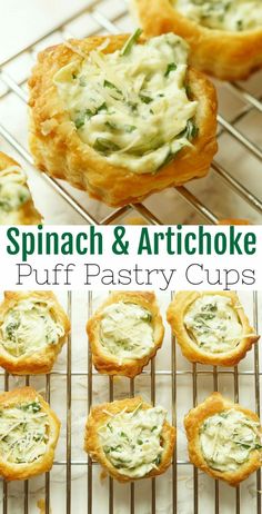 spinach and artichoke puff pastry cups on a cooling rack with text overlay