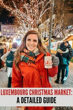 a woman standing in front of a christmas tree holding a coffee cup with text overlay that reads, luxury christmas market a detailed guide