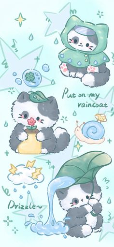 an image of some cute animals in the sky with raindrops and stars on them