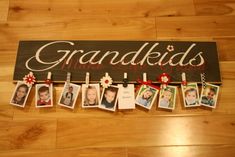 a sign that says grandkids on it with pictures hanging from the front and back