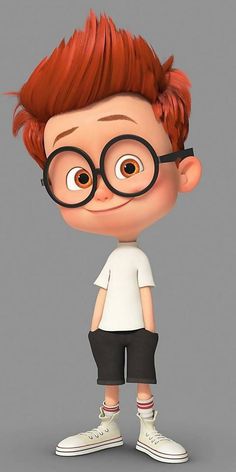 a cartoon boy with red hair and glasses standing in front of a gray background, looking at the camera