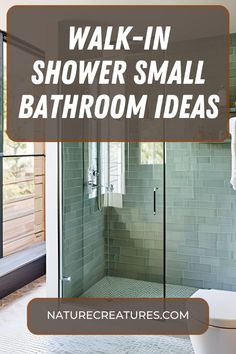 a walk in shower sitting next to a white toilet and green tiled walls with text overlay that reads, walk - in shower small bathroom ideas