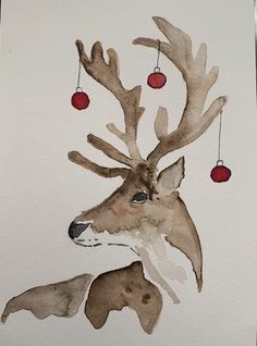 a painting of a deer with ornaments hanging from it's antlers