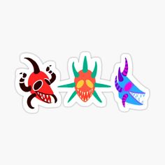 three stickers with different designs and colors on the same one, each featuring an animal head