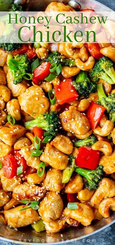 chicken and broccoli stir fry in a skillet with the words honey cashew chicken