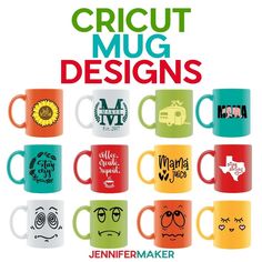 various colored coffee mugs with the words cricut mug designs on them