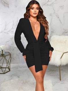 Material: 80-90% Polyester & Spandex. Features:Long sleeve. solid color. ruched. bodycon.Style: Clubwear. Solid Long Sleeve Ruched Bodycon Dress, Winter Bodycon Dress With Ruched Details, Winter Ruched Bodycon Dress, Winter Ruched Stretch Bodycon Dress, Winter Stretch Ruched Bodycon Dress, Fall Ruched Bodycon Dress, Fitted Ruched Bodycon Dress, Ruched Long Sleeve Stretch Bodycon Dress, Fitted Ruched Bodycon Dress For Winter