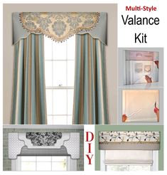 the sewing pattern for valancee curtains is shown in three different styles and colors