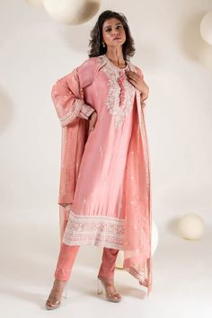 Pink full sleeves A-line dupion kurta with blossom aari and zardozi embroidery using sequin highlights. Paired with a straight satin lycra pant and embellished organza dupatta. - Aza Fashions Long Sleeve Tissue Silk Palazzo Set For Wedding, Chanderi Palazzo Set With Resham Embroidery And Long Sleeves, Chanderi Palazzo Set With Chikankari Embroidery Long Sleeve, Chanderi Palazzo Set With Chikankari Embroidery, Chikankari Embroidered Chanderi Palazzo Set With Long Sleeves, Long Sleeve Raw Silk Palazzo Set With Zari Work, Spring Anarkali Set With Resham Embroidery And Long Sleeves, Spring Anarkali Set With Long Sleeve And Resham Embroidery, Festive Long Sleeve Tissue Silk Anarkali Set