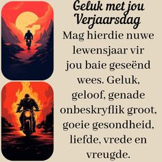 two pictures with the words in different languages, one has a man on a motorcycle