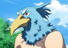 an animated bird with big blue feathers on its head and large yellow beak, standing in front of some trees