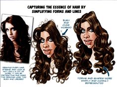 a drawing of a woman's face with long brown hair and captioning the essence of hair by simplifying forms and lines