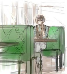 a drawing of a person sitting at a table with a green couch in the background