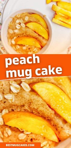 peach mug cake with oatmeal and sliced peaches in the middle on a white plate