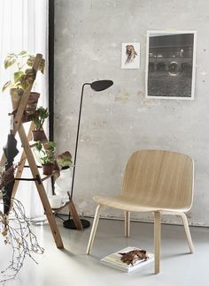 a wooden chair sitting in front of a ladder next to a potted plant on the floor