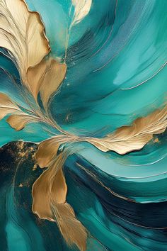 an abstract painting with gold and teal colors on the bottom half of its image