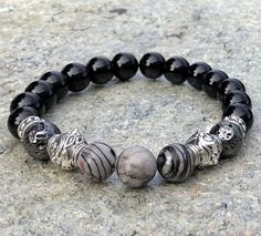 SALE-Mens Picasso Jasper Bracelet | Mens Onyx Bracelet | Mens Black Bracelet | Mens Layering Bracele Black Wristband With 8mm Beads, Mens Black Bracelet, Mens Onyx Bracelet, Mens Layering, Mens Stretch Bracelets, Mens Necklaces, Mens Bracelet Black, Jasper Bead Bracelet, Smoky Quartz Earrings