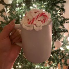 a hand holding a mug with candy canes in it