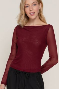 This beautiful top must have this season! Trendy, sexy & a comfy feel that is the perfect top dress up or down. Standard fitting through the chest, and arms. Pair back with a pointed heel, jacket, and your favorite ADC Boutique jeans for an ultra-chic look! FEATURES & FABRIC Maroon Boat Neckline Sheer Sleeve Soft & Lightweight Standard Fit Comfort Stretch: Medium stretch that’s equal parts comfort and chic feel Fabric: 92% Nylon/8% Spandex Don't be shy and stop in today and snag this up! 504 Wat Boutique Jeans, Mesh Blouse, Short Cardigan, Sweater Collection, Dressy Tops, Boat Neckline, Top Fabric, Sheer Sleeves, Top Dress