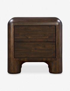 a wooden night stand with two drawers on one side and an open drawer on the other