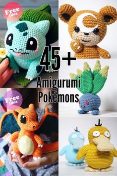 crocheted amigurmi pokemons are featured in this set of four photos