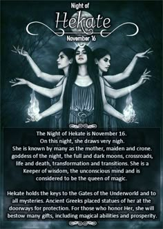 the poster for night of hekate, featuring three women with their arms outstretched