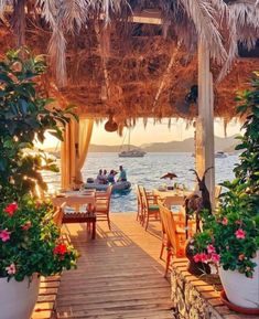 an outdoor dining area with potted plants and people on boats in the water at sunset