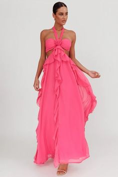 Shop the Santiago Cut-Out Ruffle Maxi Dress Fuchsia | Selfie Leslie Cruise Fits, Gala Event, Long Formal Dress, Yellow Bridesmaids, Ruffle Maxi Dress, Glam Look, Black Party Dresses, Dress Inspo, Glam Looks