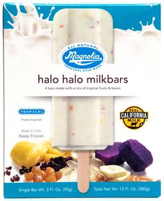 an ice cream popsicle with fruit and nuts on it's stick in front of a package